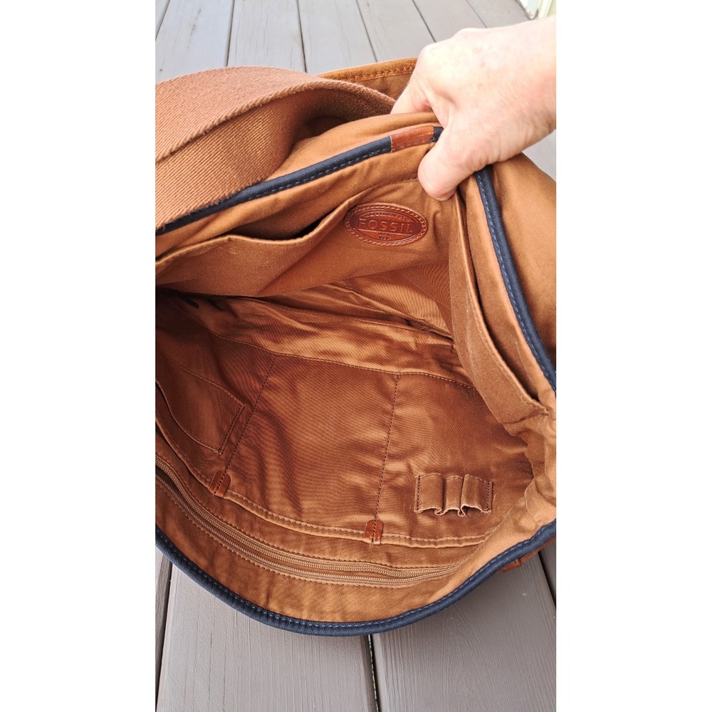 Fossil Mens Black Canvas Leather Trim Messenger Bag Laptop Crossbody Briefcase - Picture 9 of 14